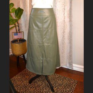 Cabi Kick It Skirt Olive Green Faux Leather A-Line Midi Skirt Size 4